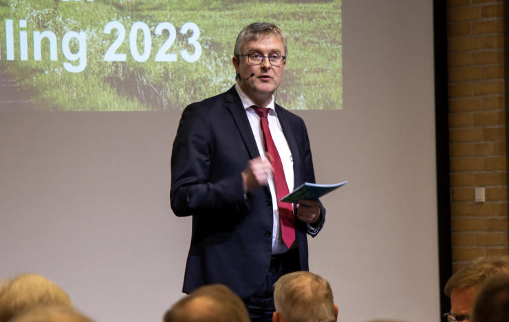 Minster for fødevarer, landbrug of fiskeri, Jacob Jensen (V) talte som den første ved generalforsamlingen 2023.